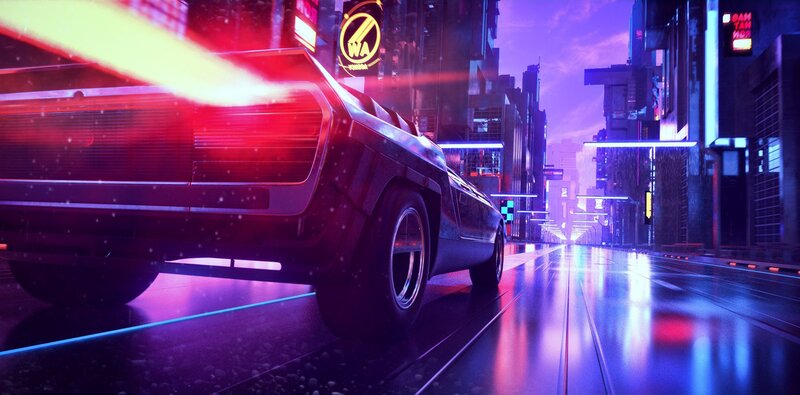 Futuristic Car in City — Purple, Dramatic
