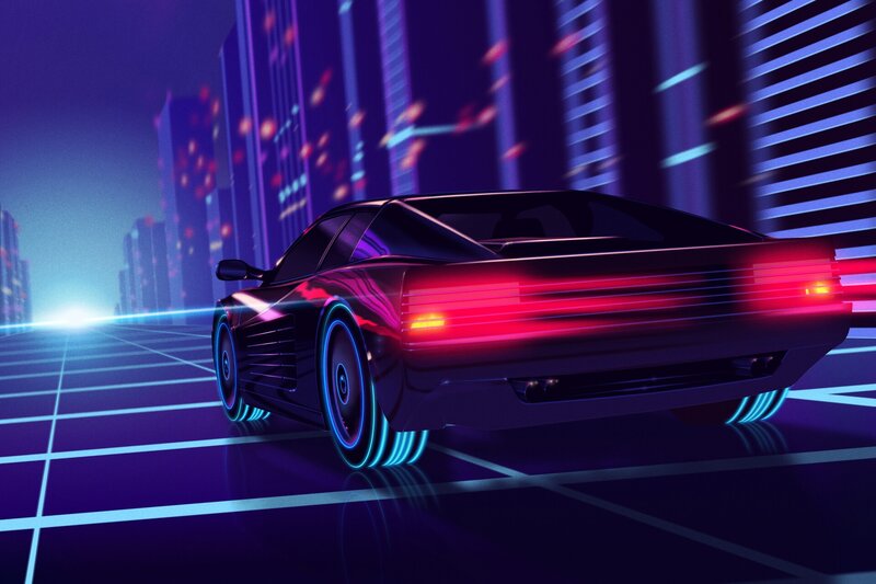 Futuristic Car in City — Purple, Night
