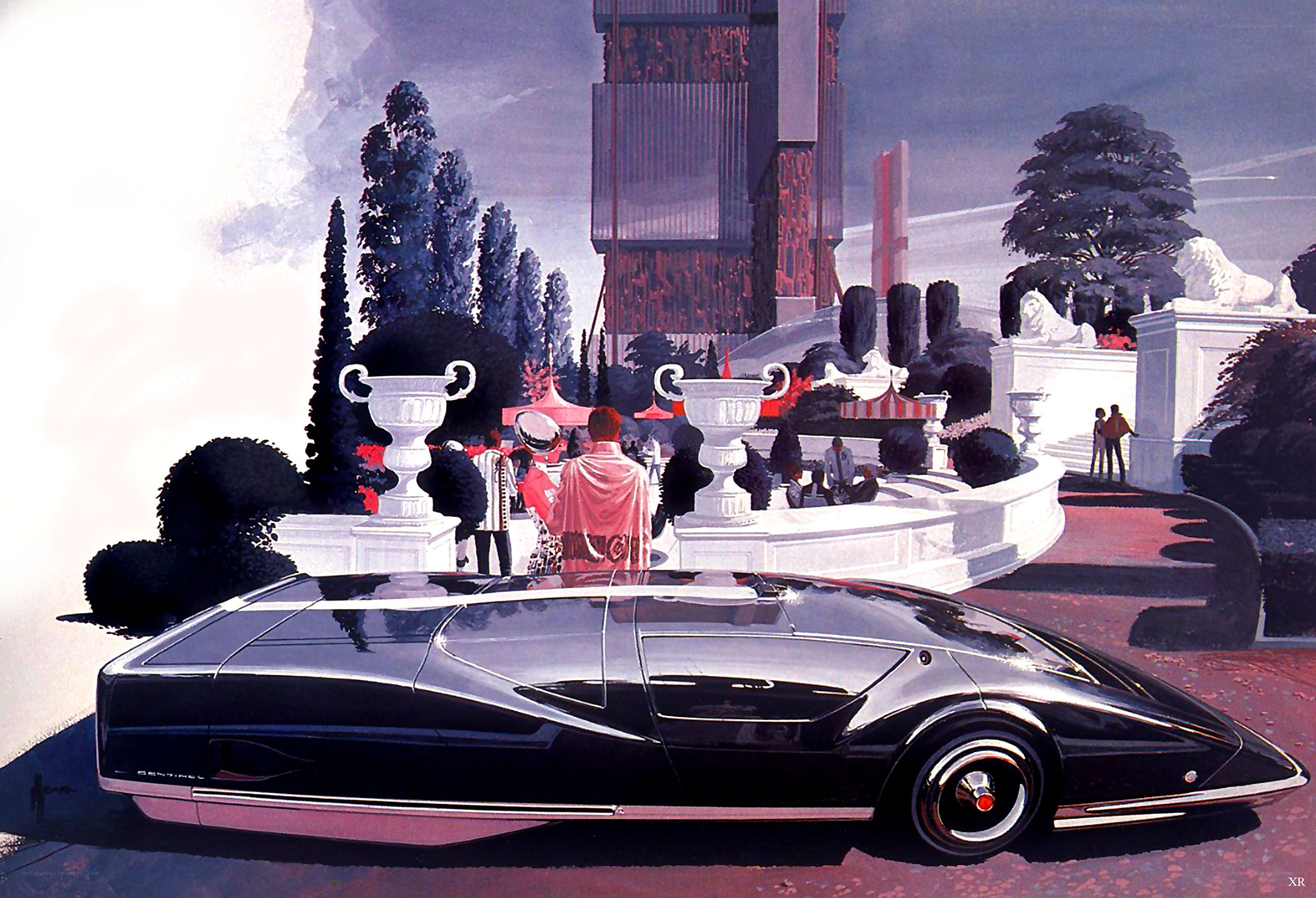 Futuristic car in garden scene