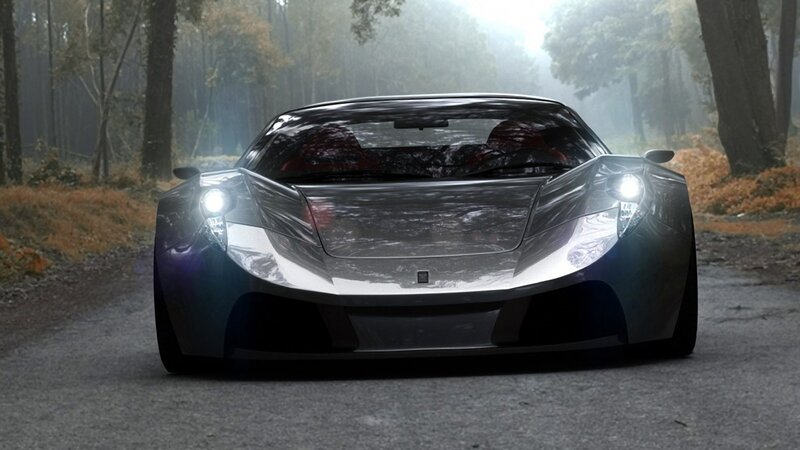 futuristic car in misty forest