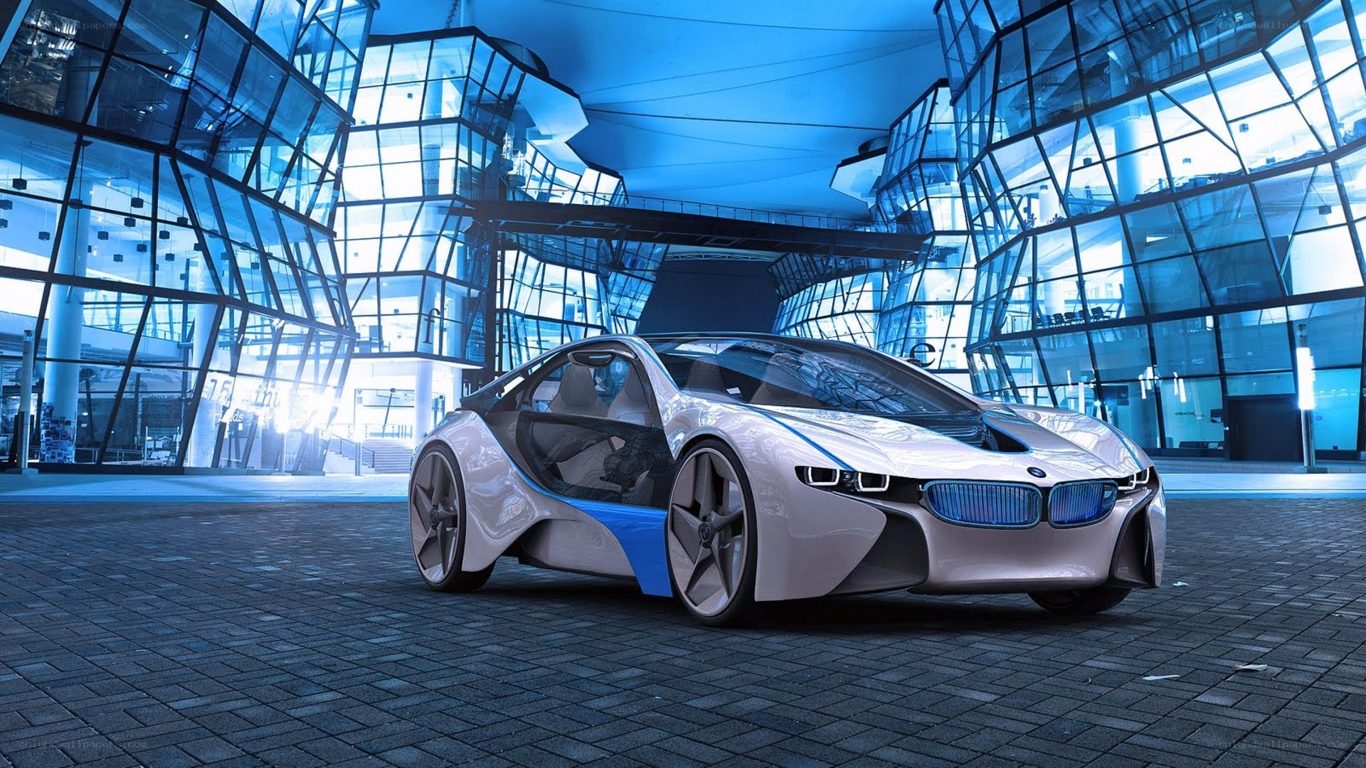 futuristic car in modern building
