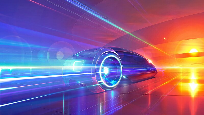 Futuristic Car in Motion — Blue, Dynamic, Sunset, Digital Art