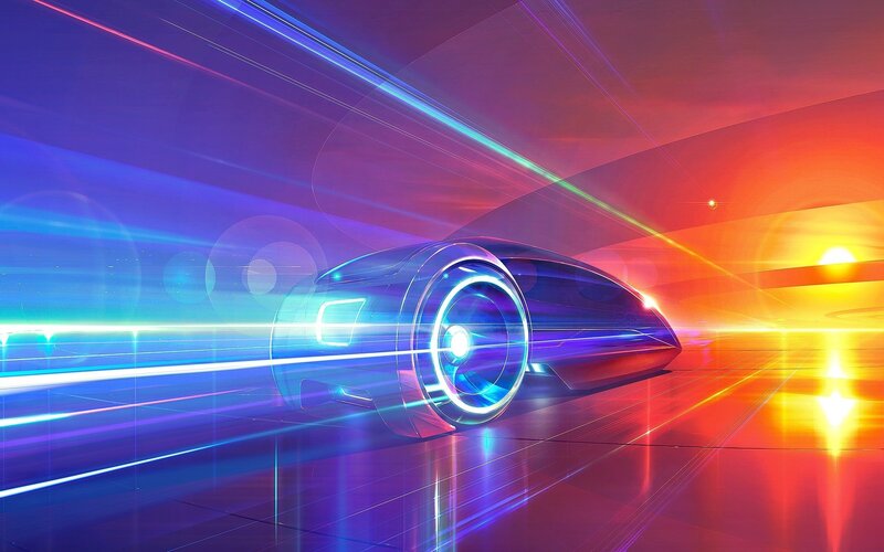 Futuristic Car in Motion — Blue, Dynamic, Sunset