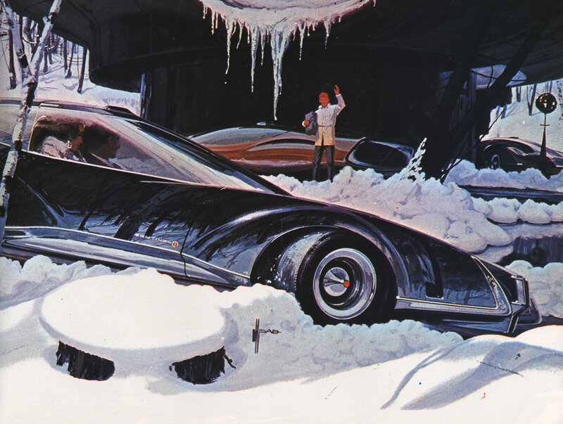 Futuristic car in snowy garage