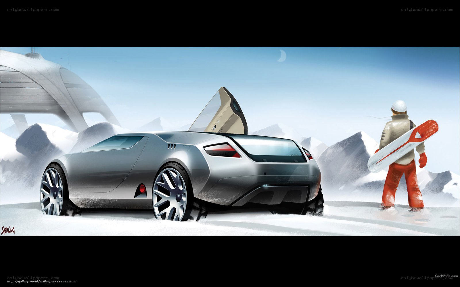 futuristic car in snowy landscape