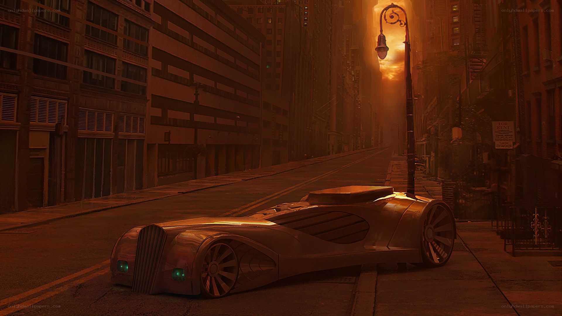 futuristic car in sunset city
