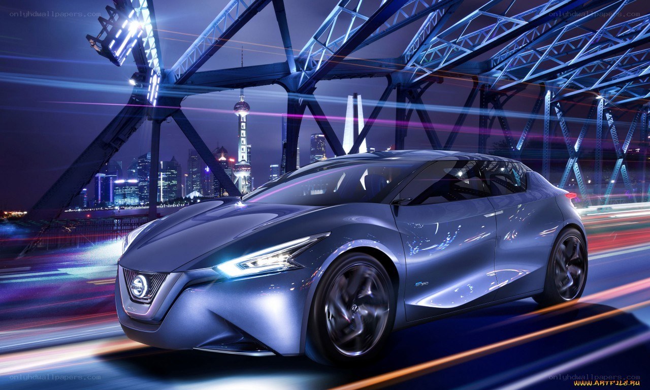 futuristic car on city bridge
