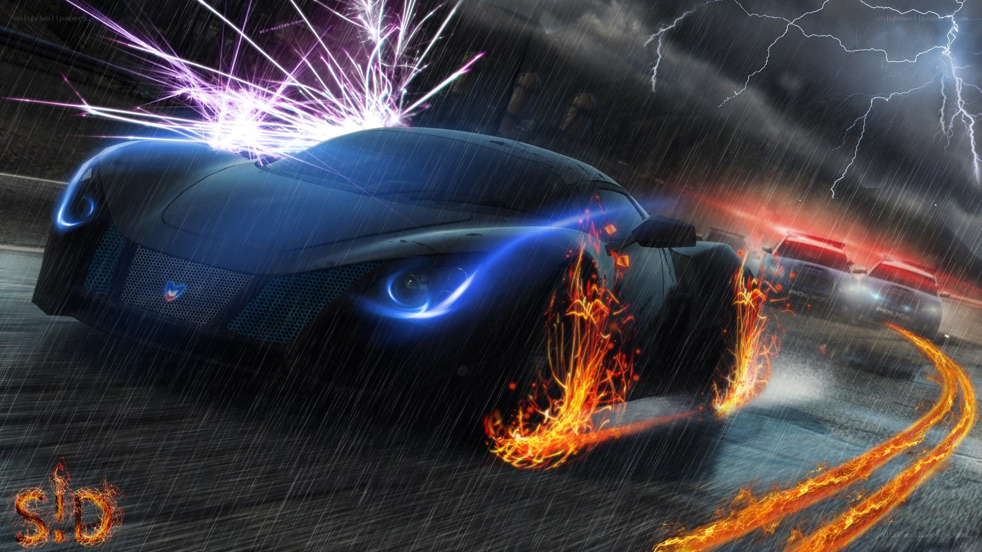 Futuristic car racing in storm