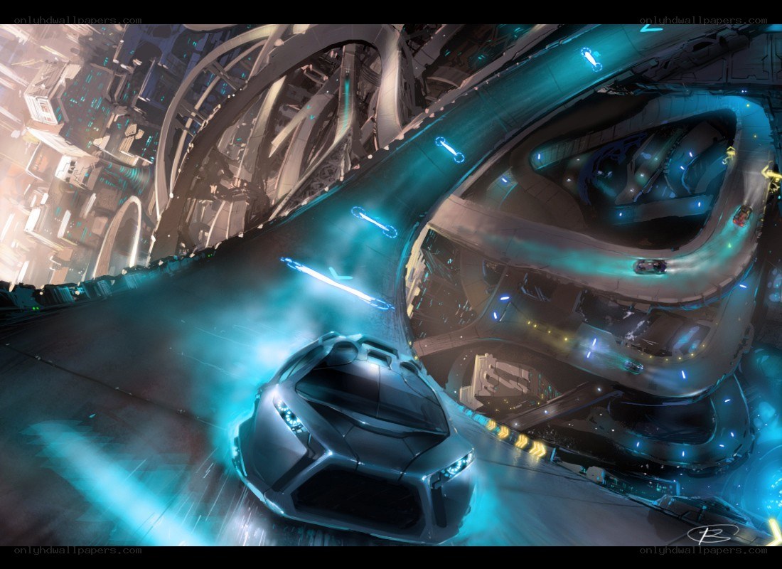 futuristic car racing on a track