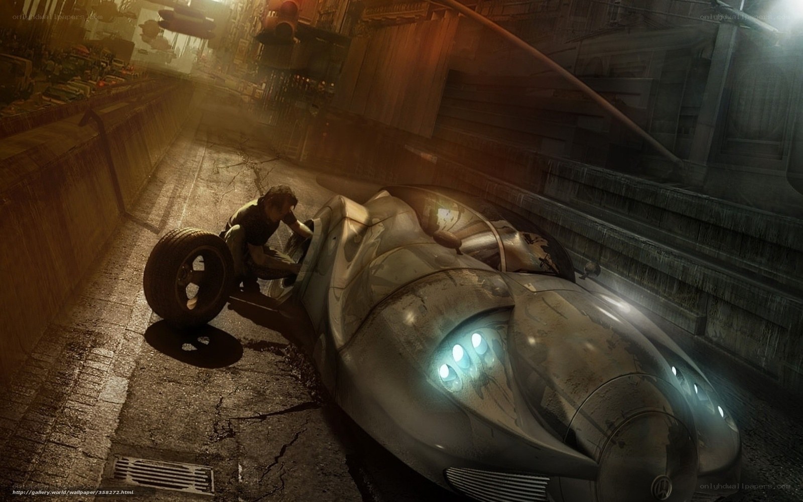 futuristic car repair in alley