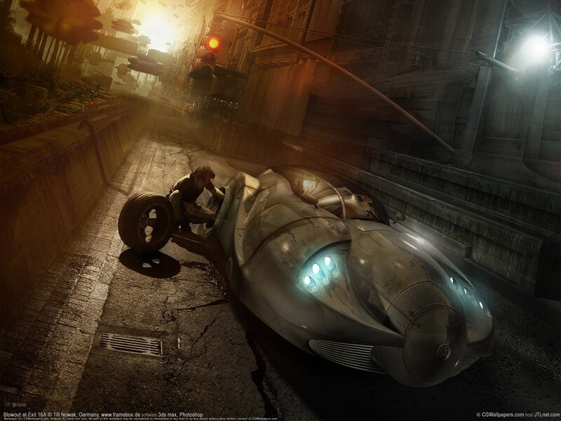 futuristic car repair in city
