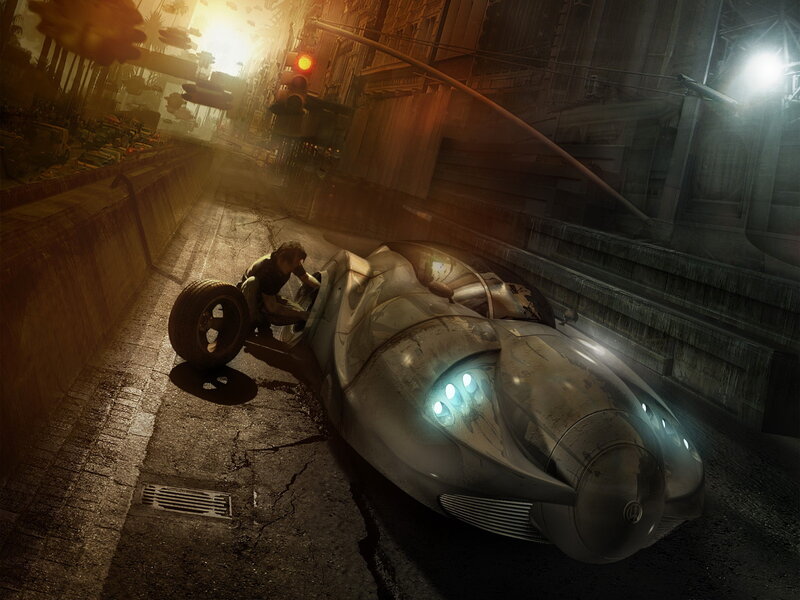 futuristic car repair in city