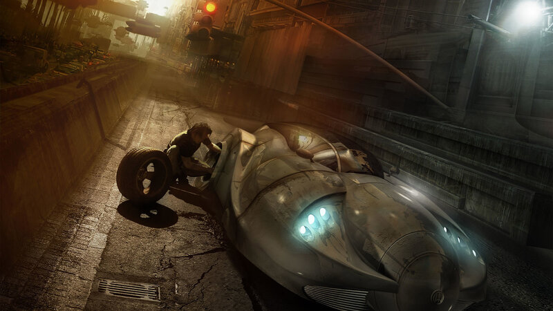 futuristic car repair in city