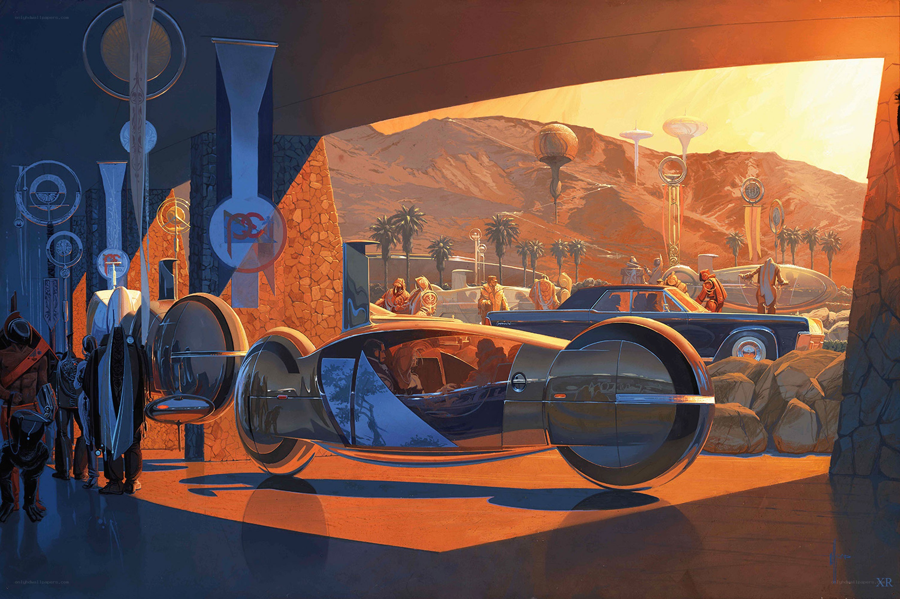 Futuristic car show at sunset