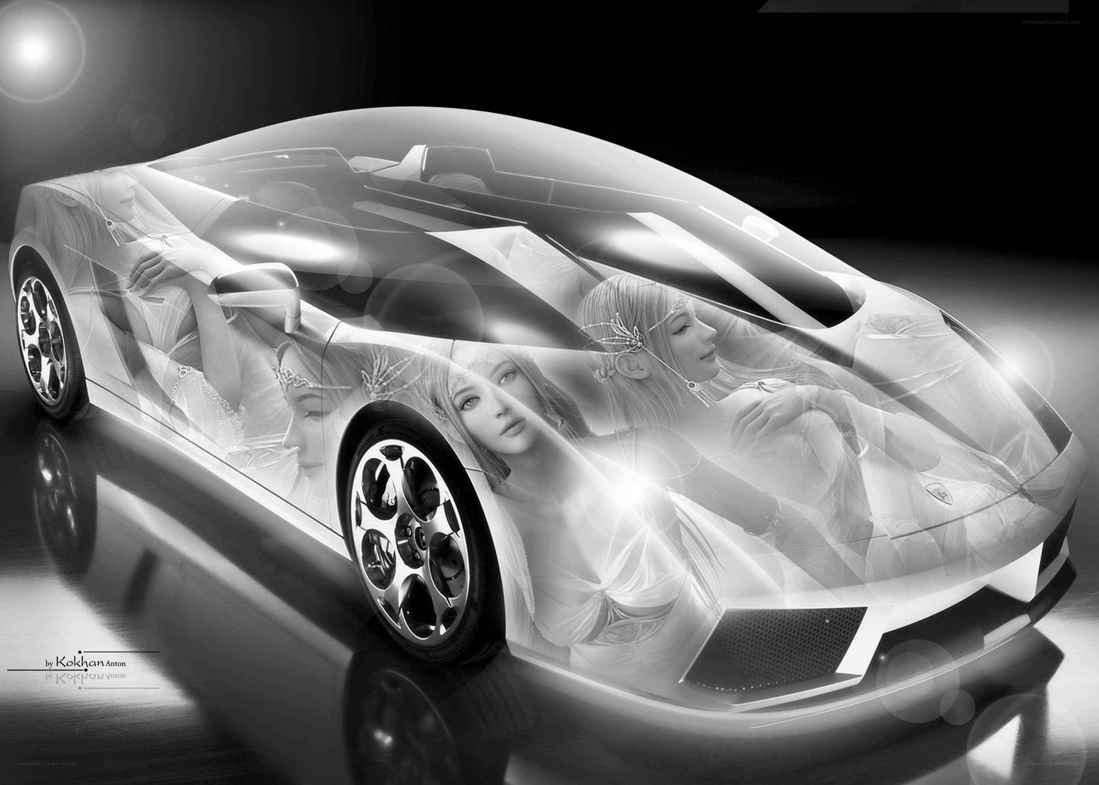 Futuristic car with ethereal figures