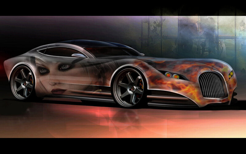 futuristic car with flame design