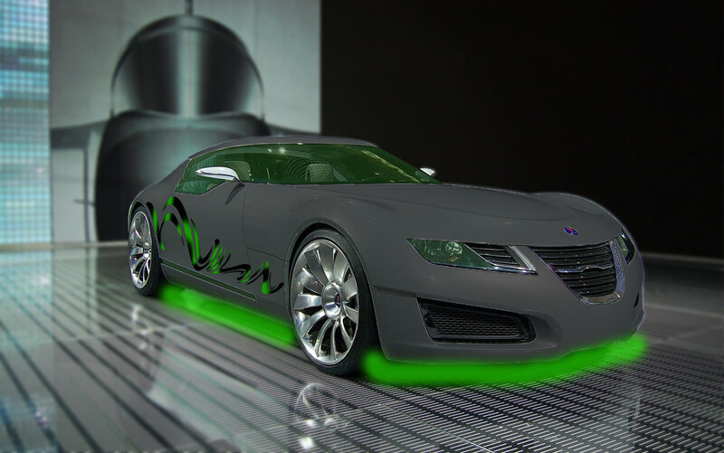 futuristic car with green lights