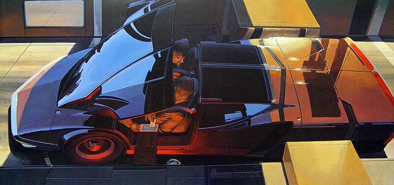 Futuristic Car with Passengers — Black, Dramatic