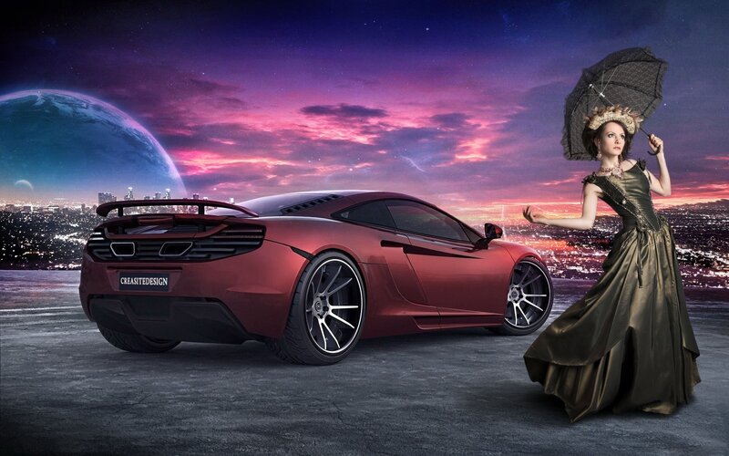futuristic car with woman in gown