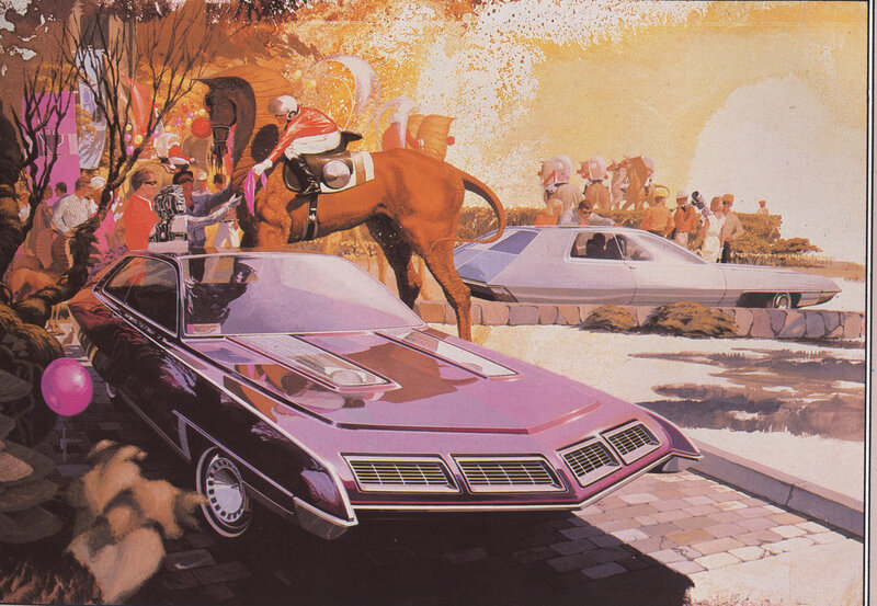 Futuristic cars at a horse race