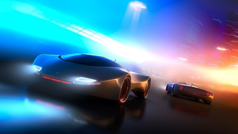 futuristic cars in neon city