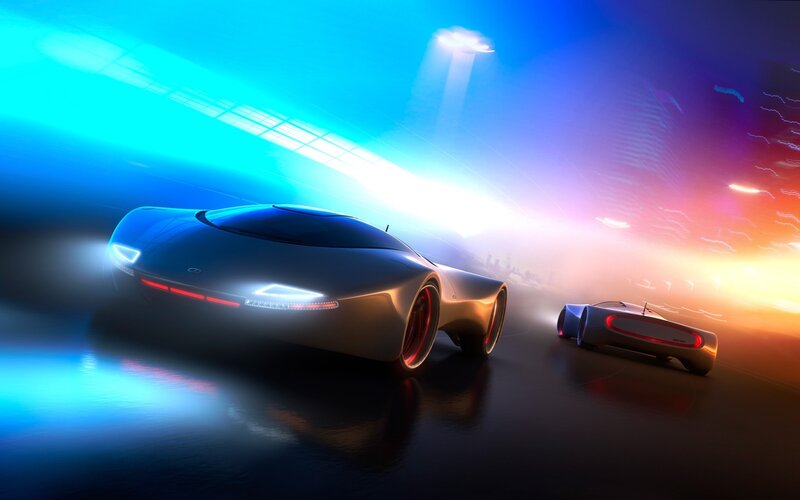 Futuristic cars on a neon street