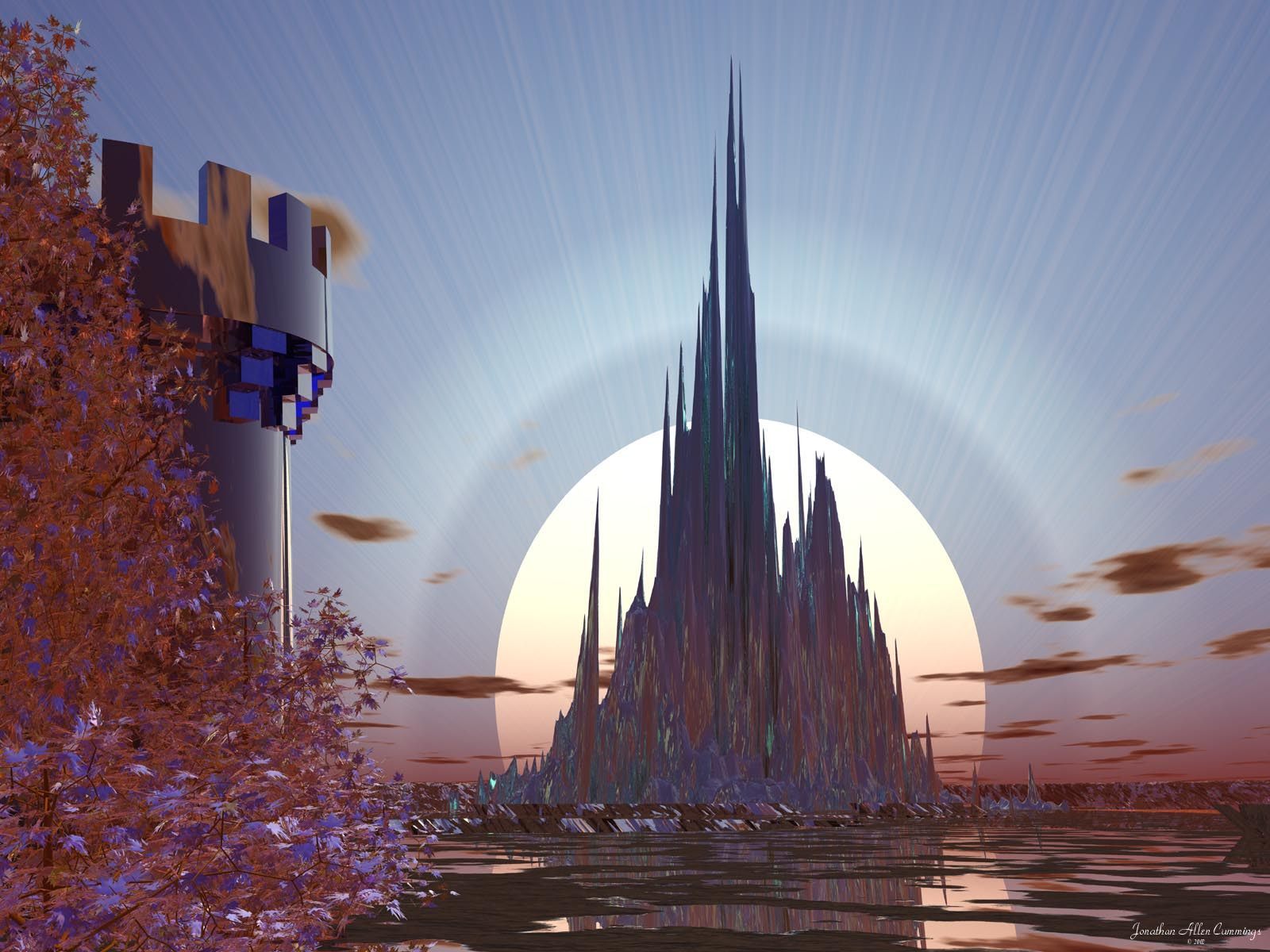 Futuristic castle at sunset