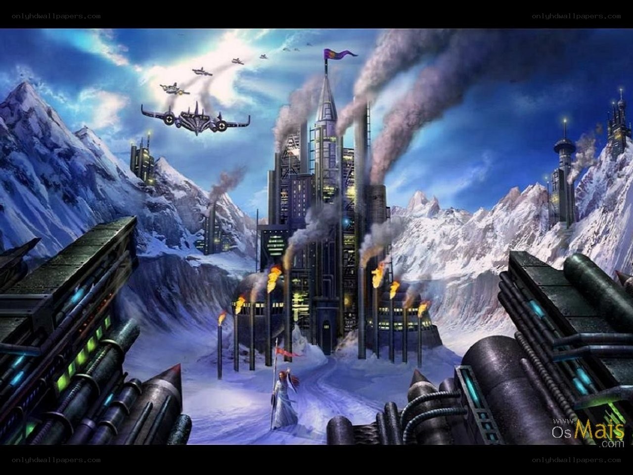 futuristic castle in snowy mountains