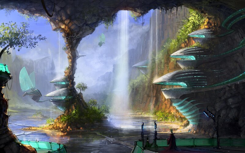 Futuristic Cave Settlement — Green, Serene, Afternoon