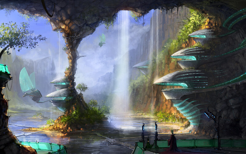 Futuristic Cave Settlement — Green, Serene, Morning