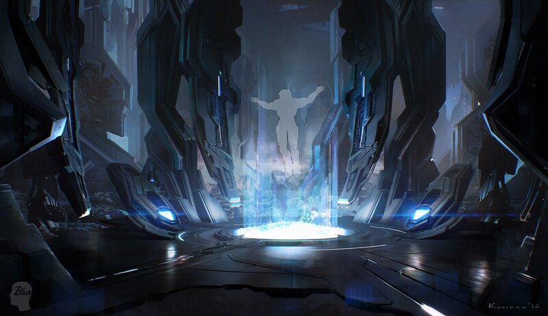 futuristic chamber with glowing figure