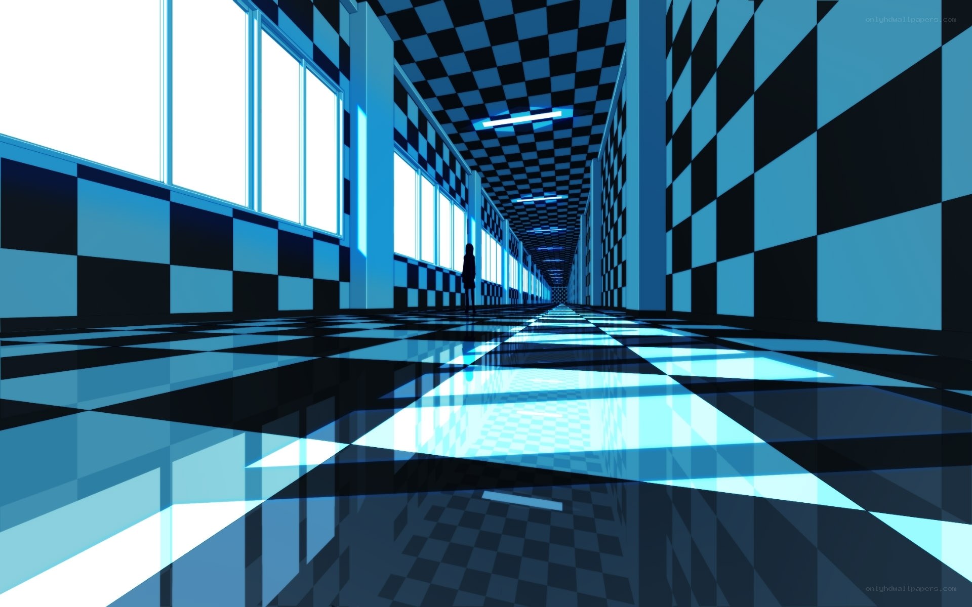futuristic checkered hallway