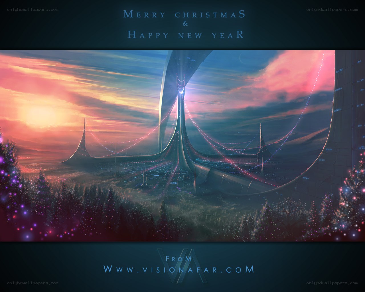 Futuristic Christmas cityscape