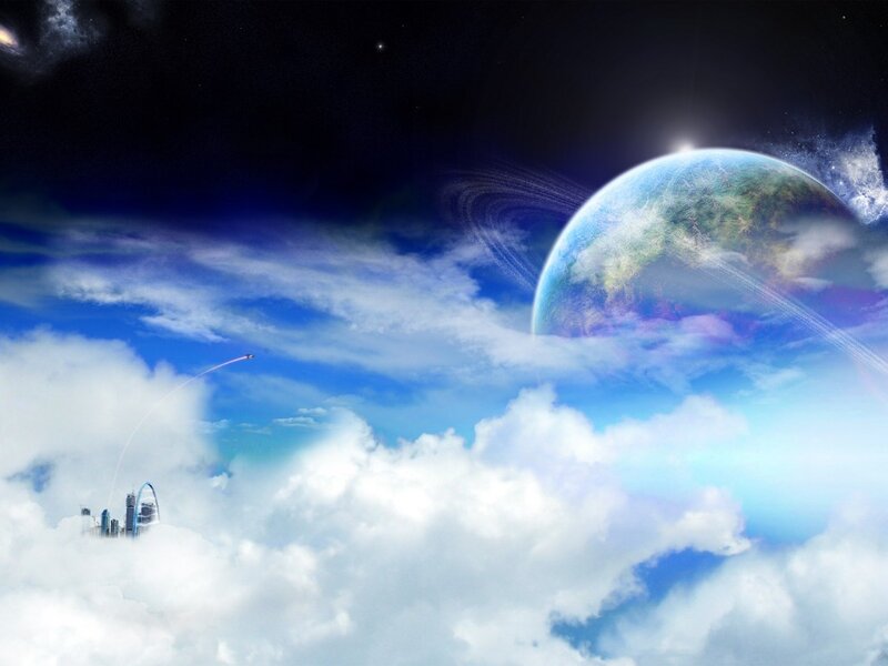 Futuristic city above clouds