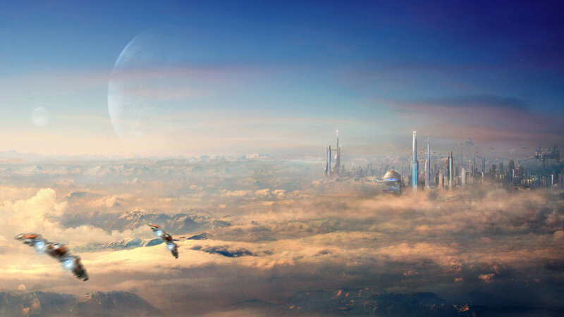 futuristic city above clouds