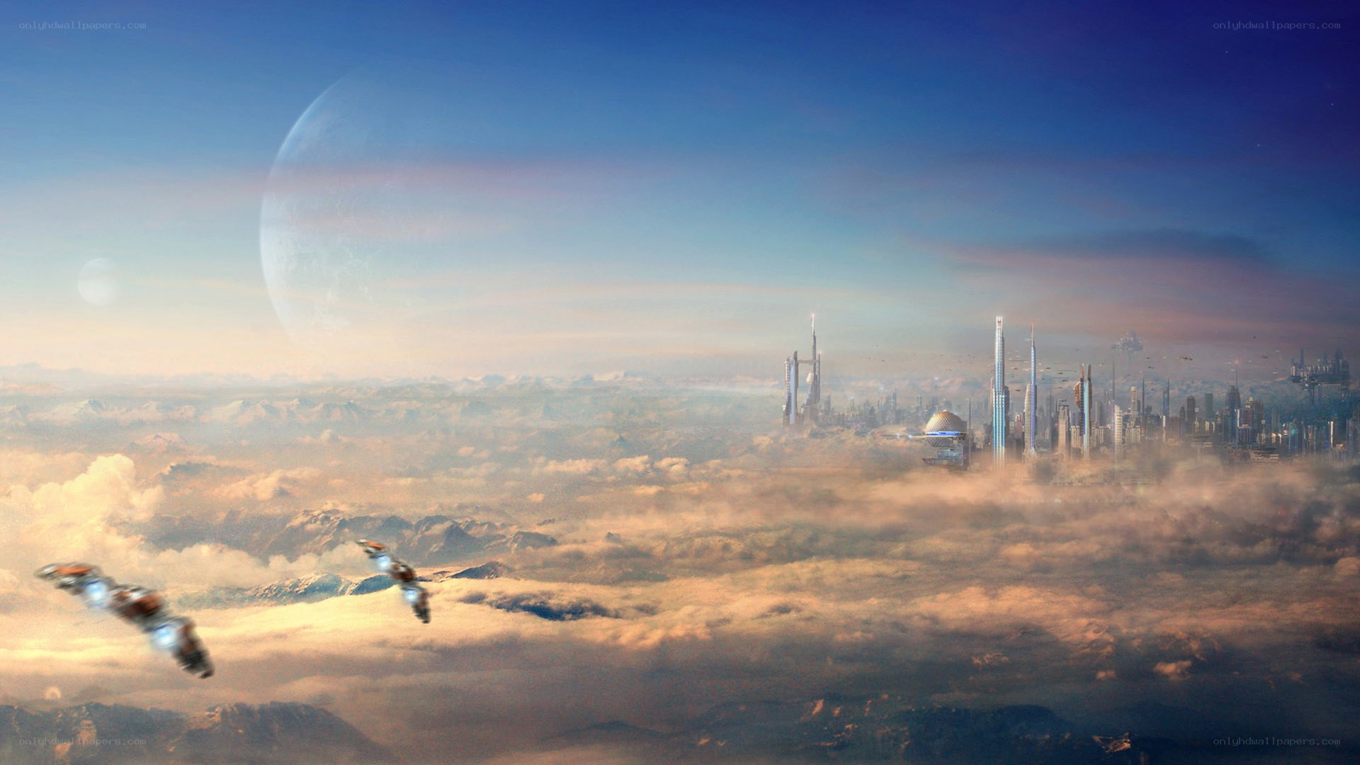 futuristic city above clouds