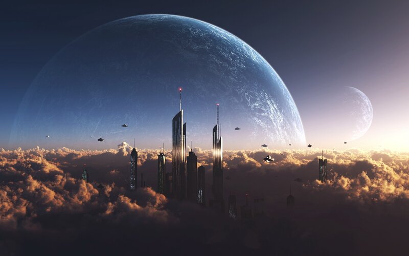 futuristic city above clouds