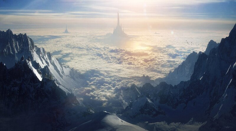 Futuristic City Above Clouds — Blue, Serene