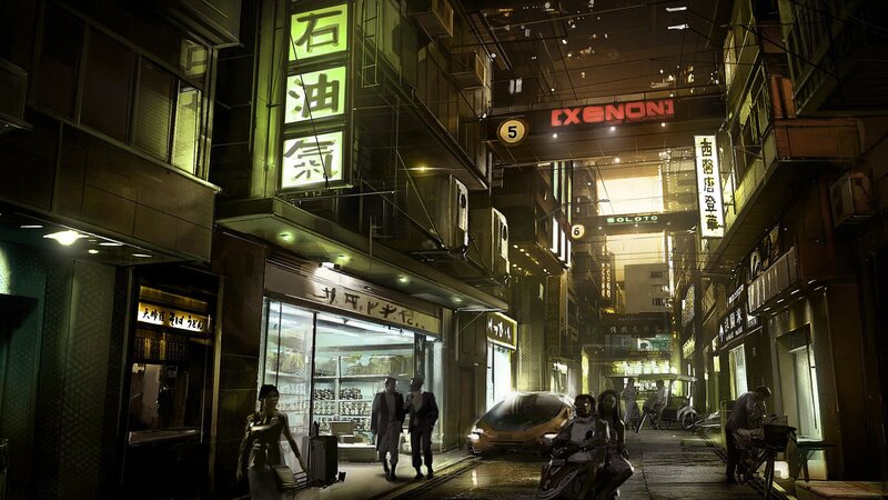 futuristic city alley at night