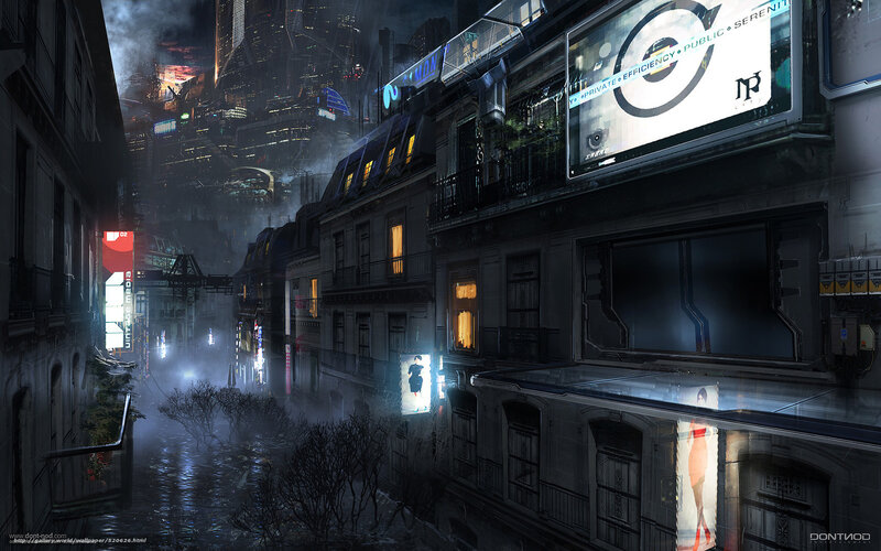 futuristic city alley at night