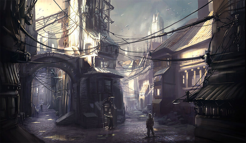 futuristic city alleyway