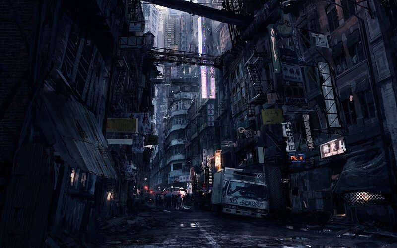 futuristic city alleyway