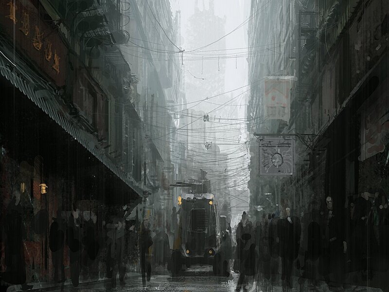 futuristic city alleyway