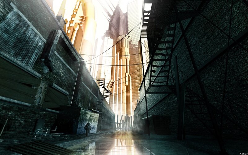 futuristic city alleyway