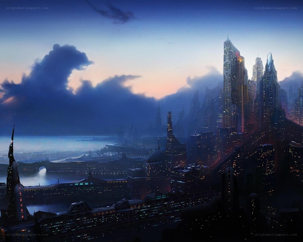 futuristic city at dusk