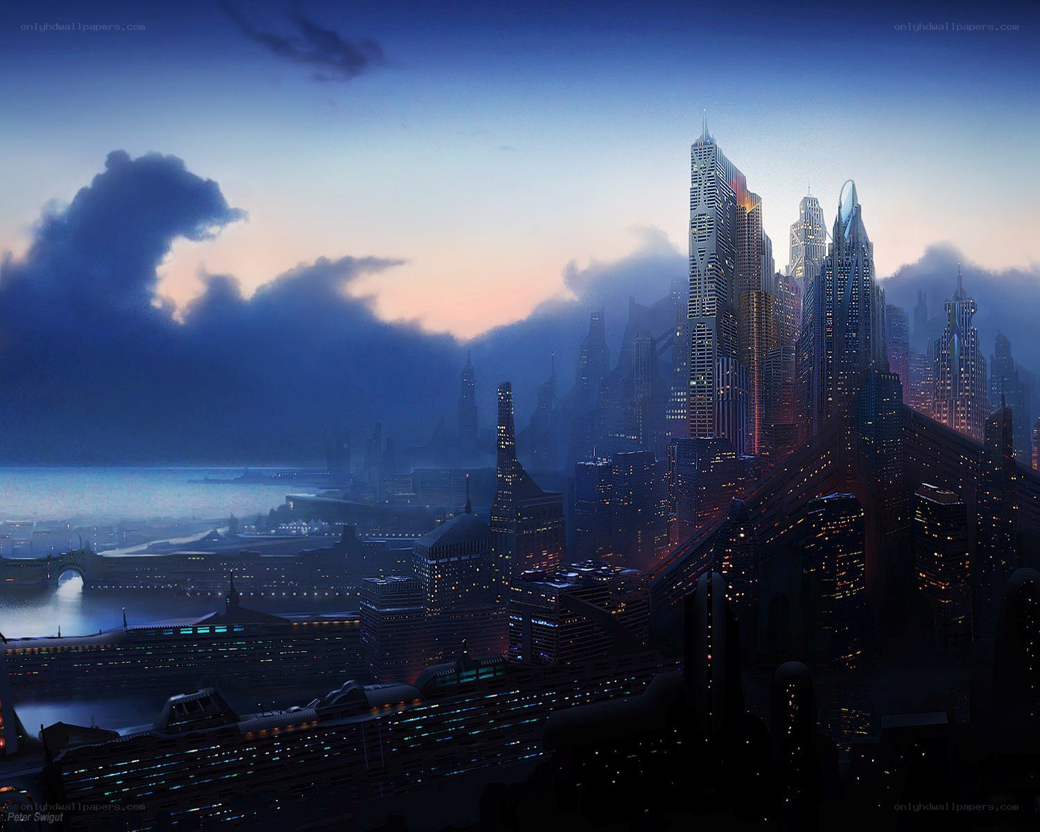 futuristic city at dusk