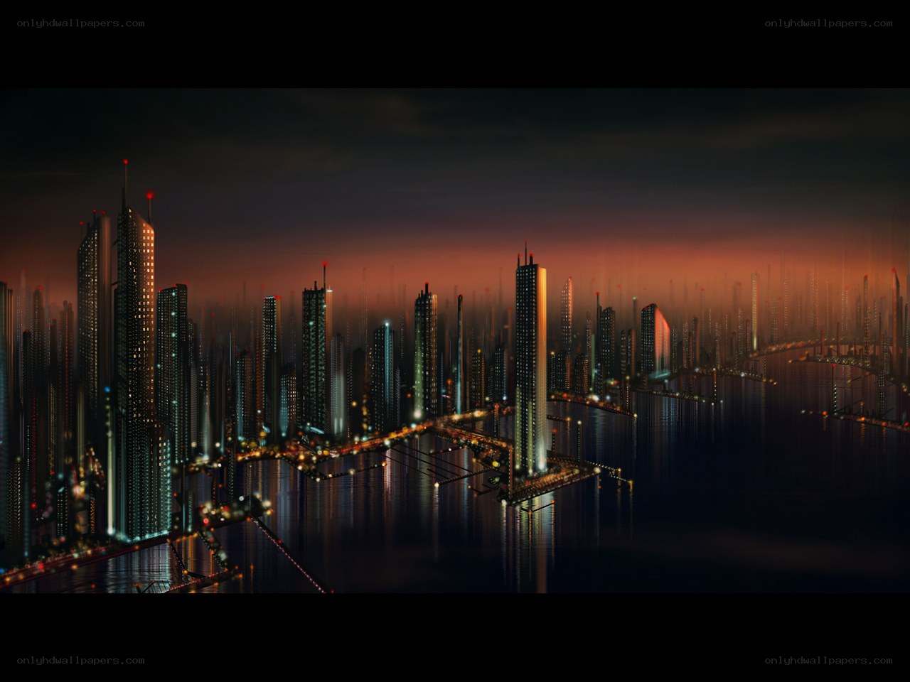 futuristic city at dusk
