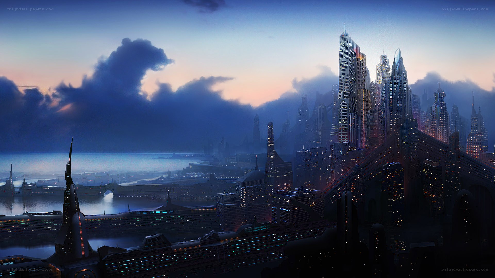 futuristic city at dusk