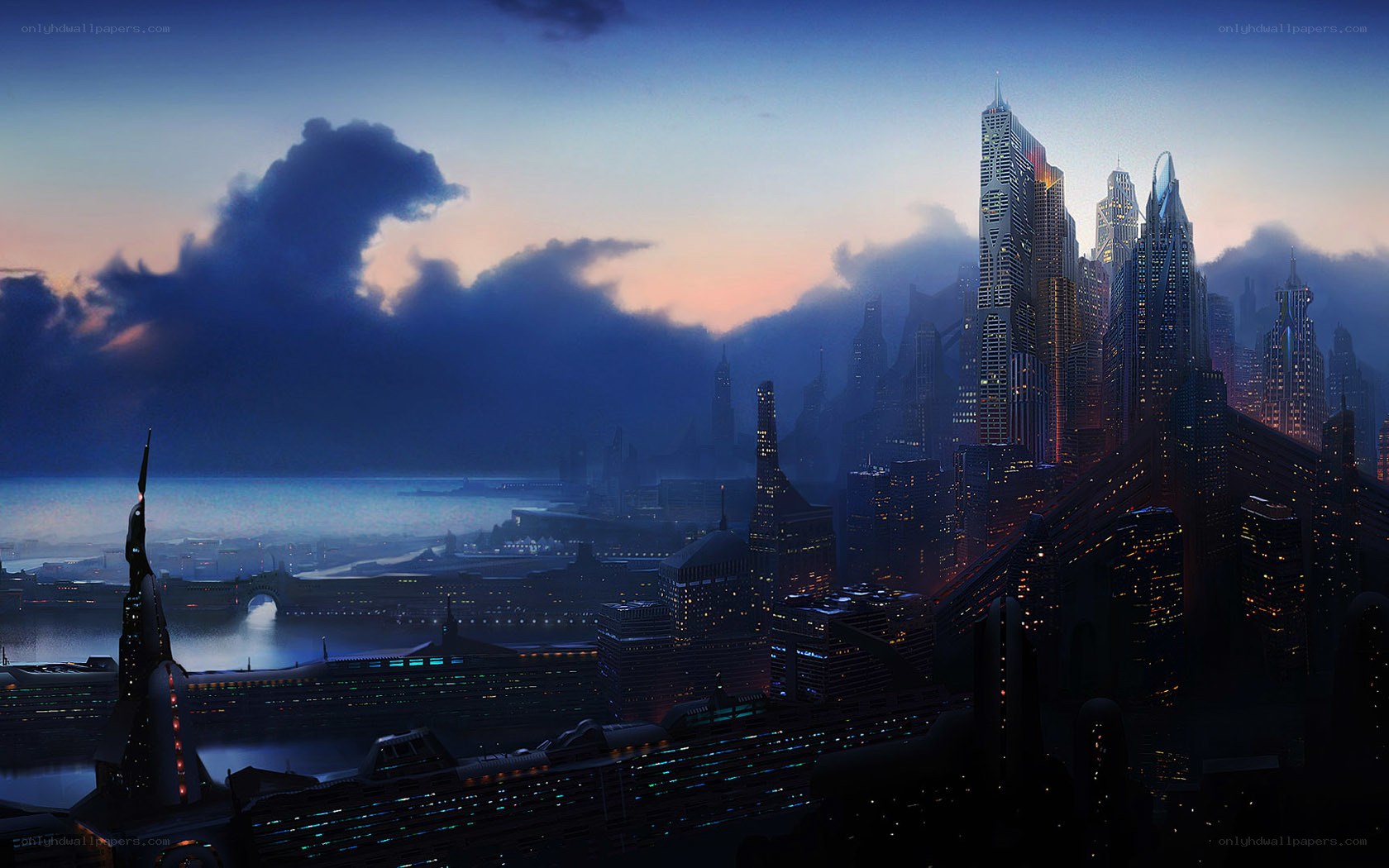 futuristic city at dusk