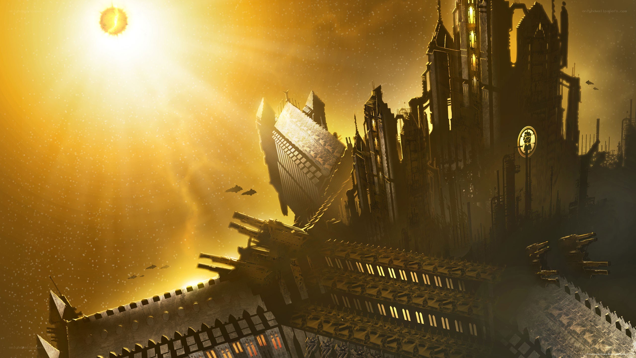 futuristic city at golden sunset